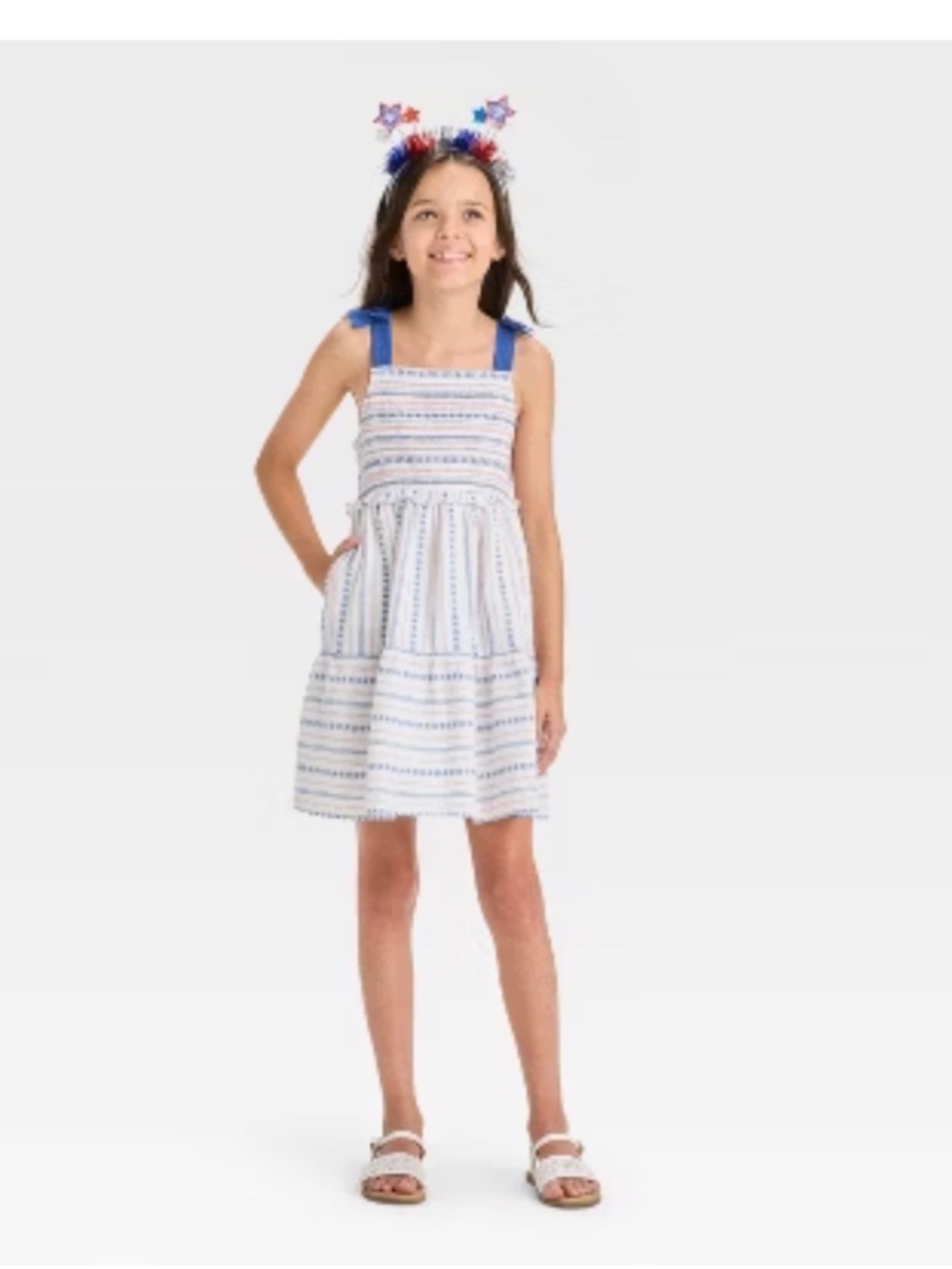 Cat & Jack Girls' Sleeveless '4th of July' Tiered Stars and Stripes Dress. Sz 6.